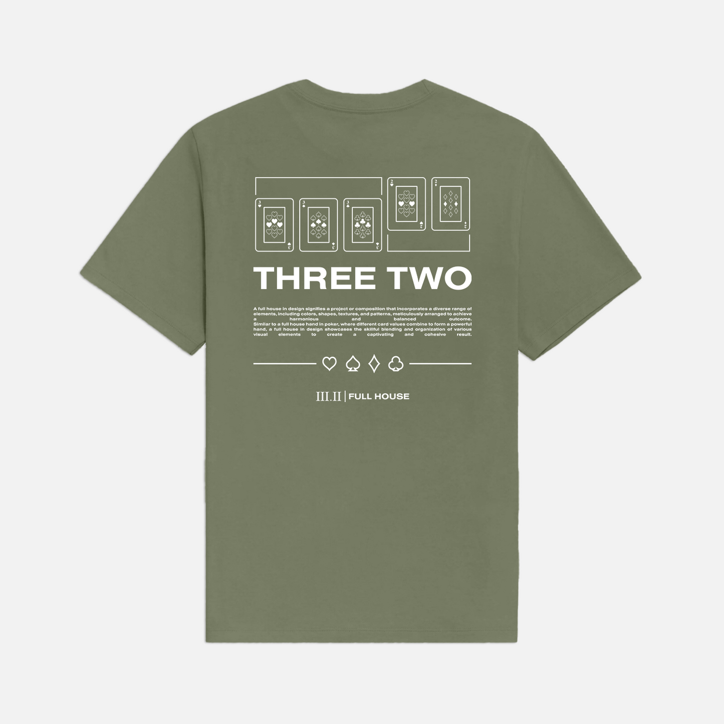 Three Two - Full House Cards T-Shirt - Moss Green / White