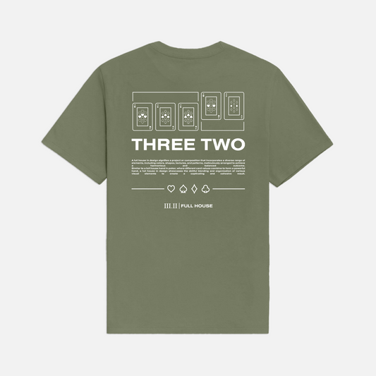 Three Two - Full House Cards T-Shirt - Moss Green / White